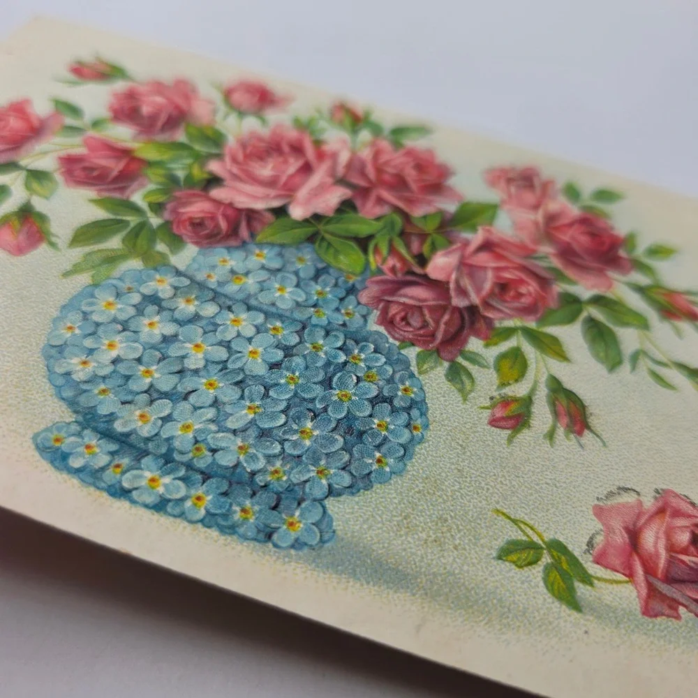 Vintage Best Wishes Pink Roses Blue Vase Embossed Postcard SER. 575